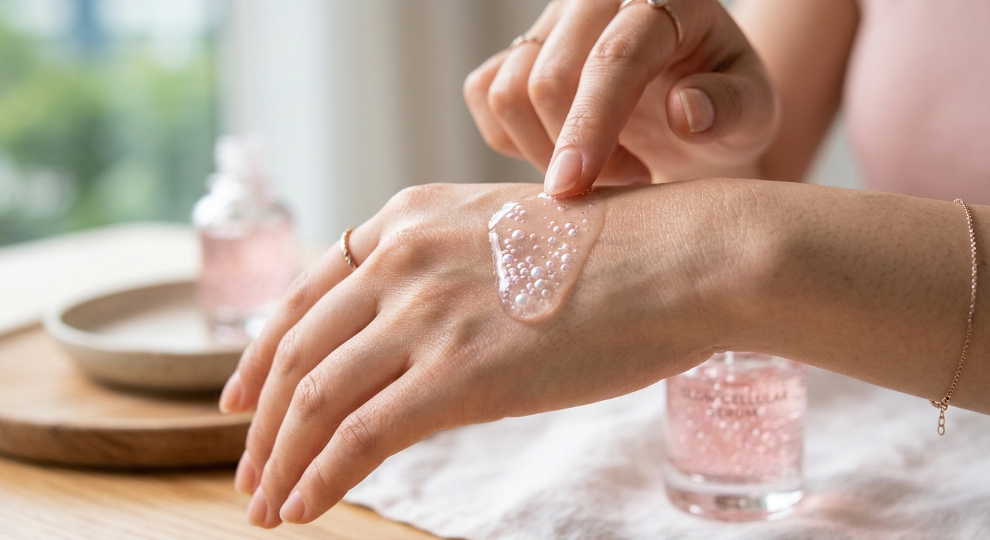 A close-up shot of a sophisticated skincare serum being applied to a hand, showing a translucent, glowing texture with a