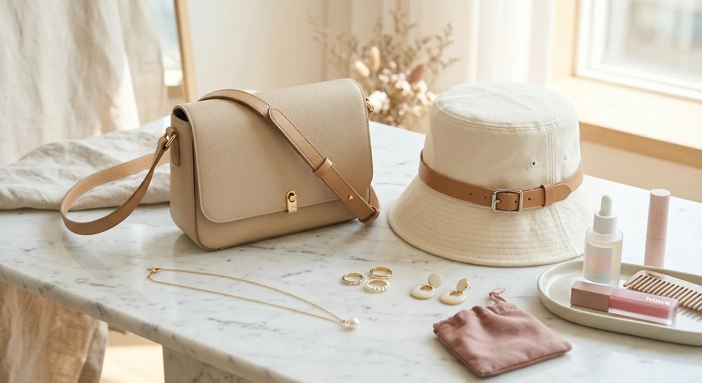 A close-up shot of a variety of high-quality Korean fashion accessories, including a leather-strapped bucket hat and a s