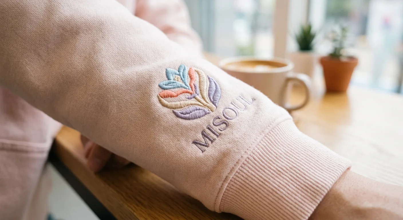 A close-up detail shot of a high-density embroidered logo on a thick cotton sweatshirt sleeve, showing the premium textu