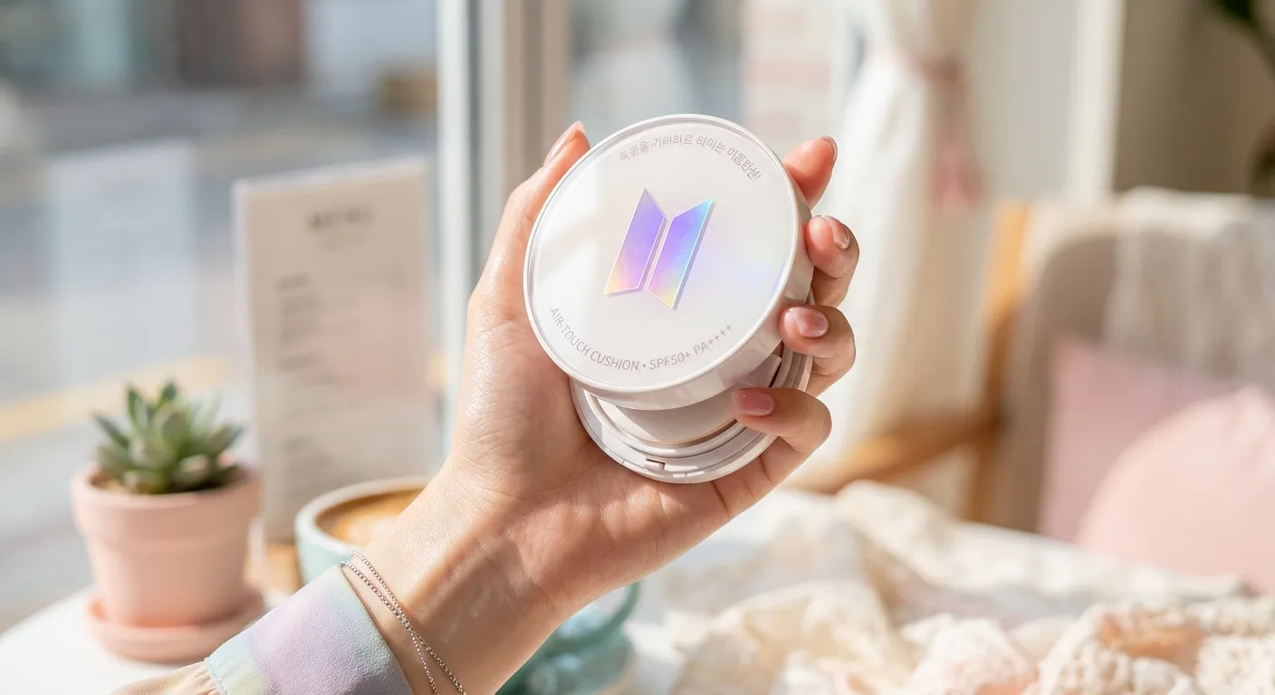 Close-up of a hand holding a high-tech K-beauty cushion foundation with a holographic BTS logo, showing a flawless 'glas