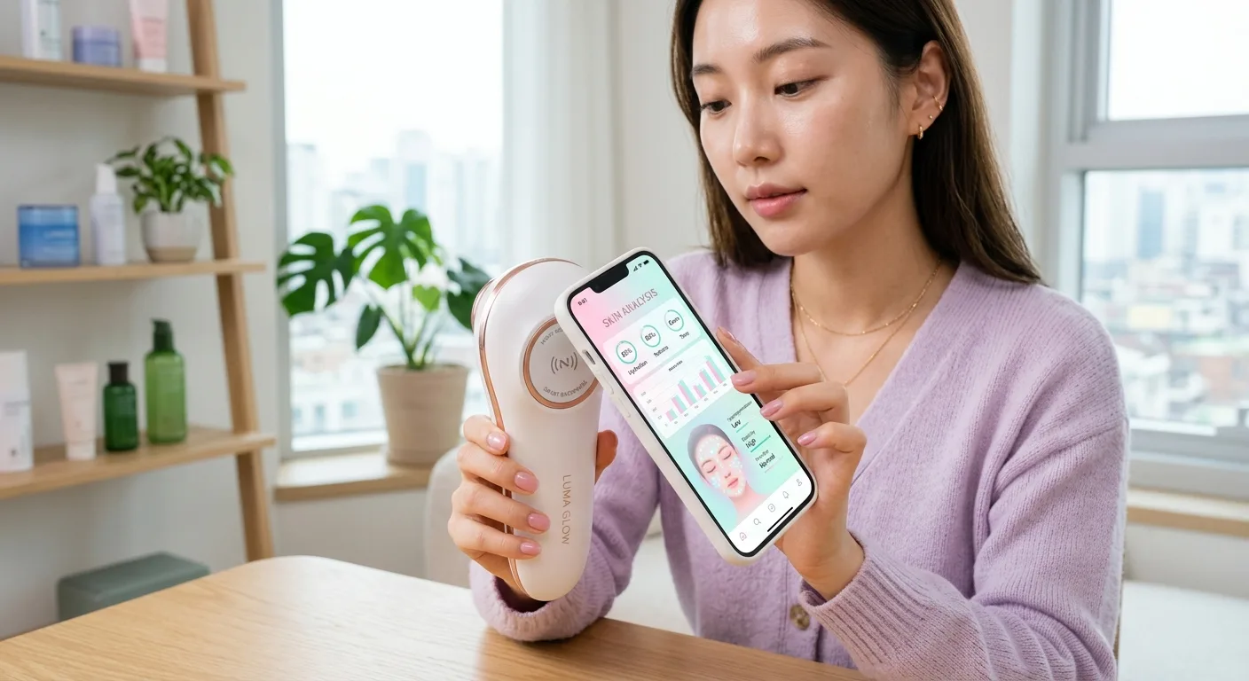 A person tapping their smartphone against the back of a high-tech beauty device to reveal a digital skin analysis on the