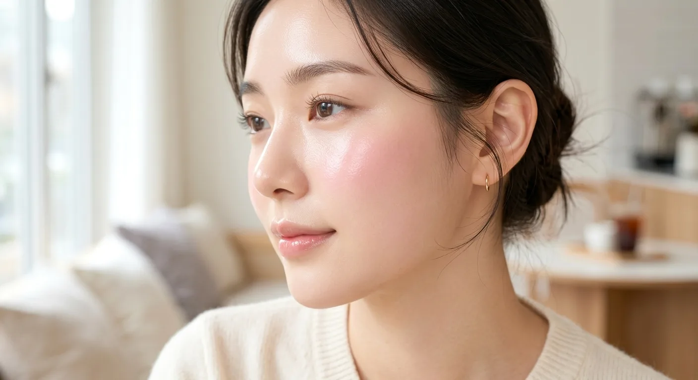 A close-up shot of a model's cheek showing the radiant, dewy finish of the Ameli Touch Balm in a soft pink shade, emphas