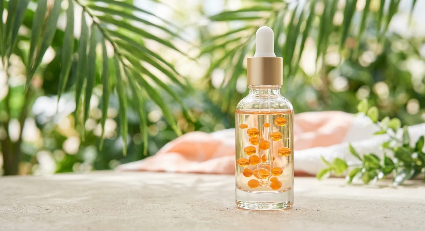 A close-up of a high-tech skincare essence bottle with orange Vitamin C capsules visible inside, set against a backdrop 