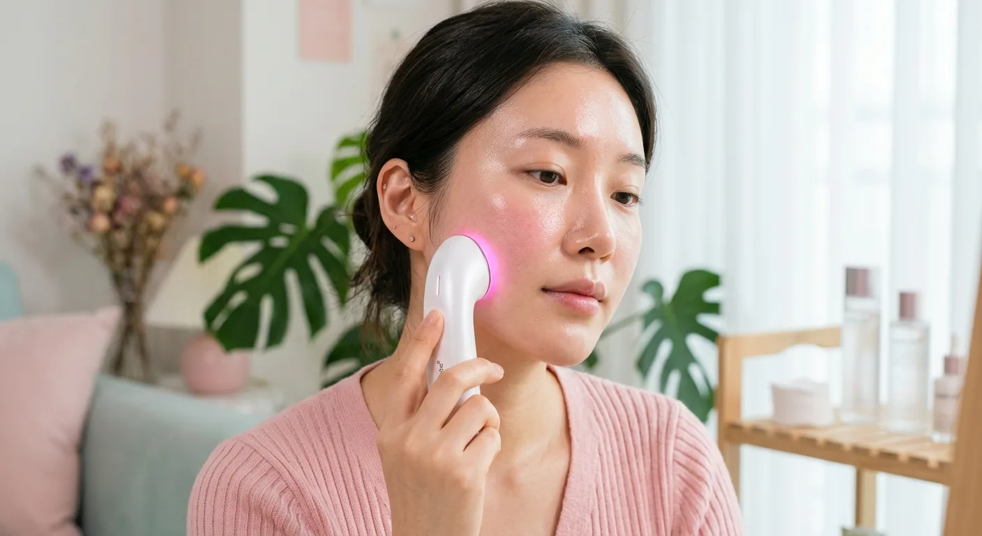 A close-up shot of a person using a Medicube beauty device on their cheek, showing a subtle pink LED light and a visible