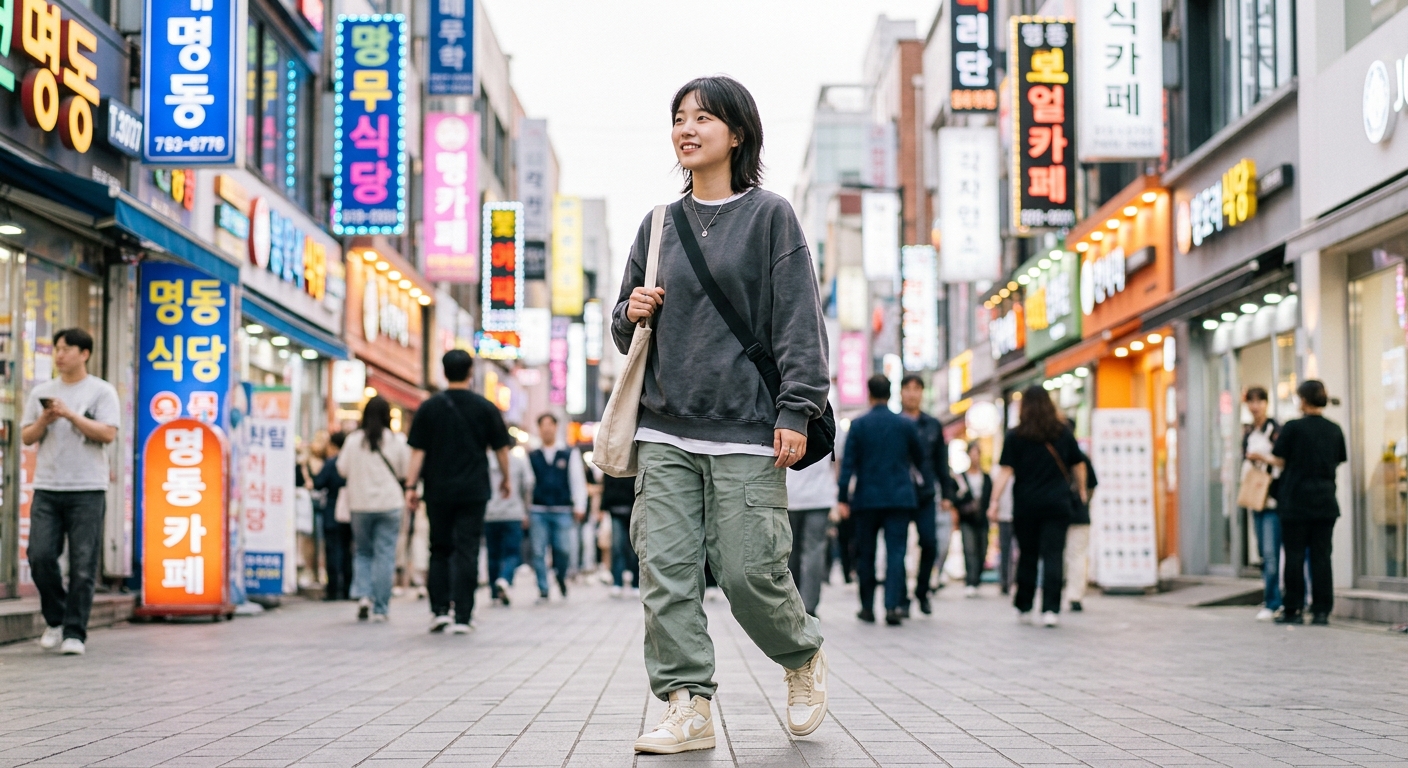 A trendy young person in Seoul wearing an oversized, vintage-wash unisex sweatshirt and cargo pants, walking through an 