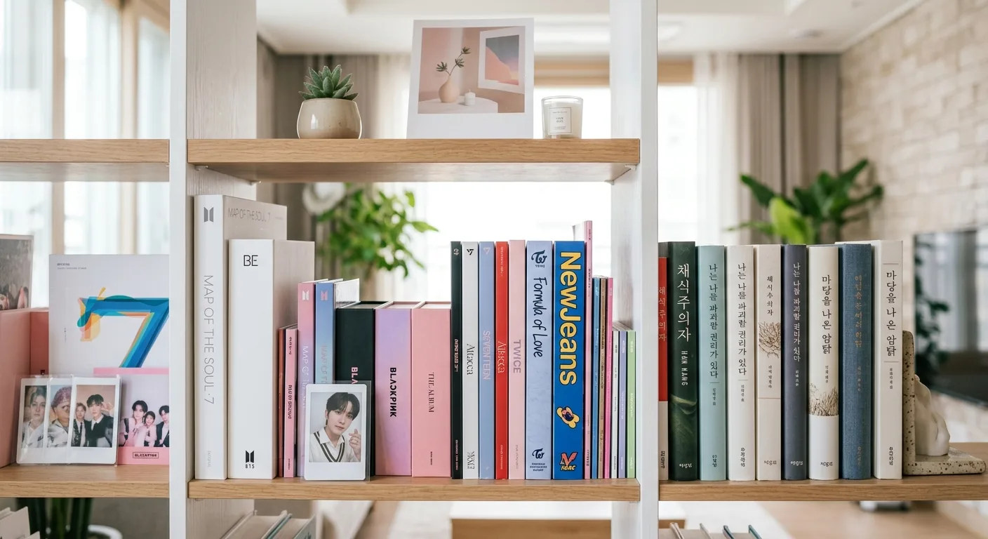 A close-up shot of a bookshelf in a modern Seoul apartment, showing a mix of colorful K-pop mini albums and elegant Kore