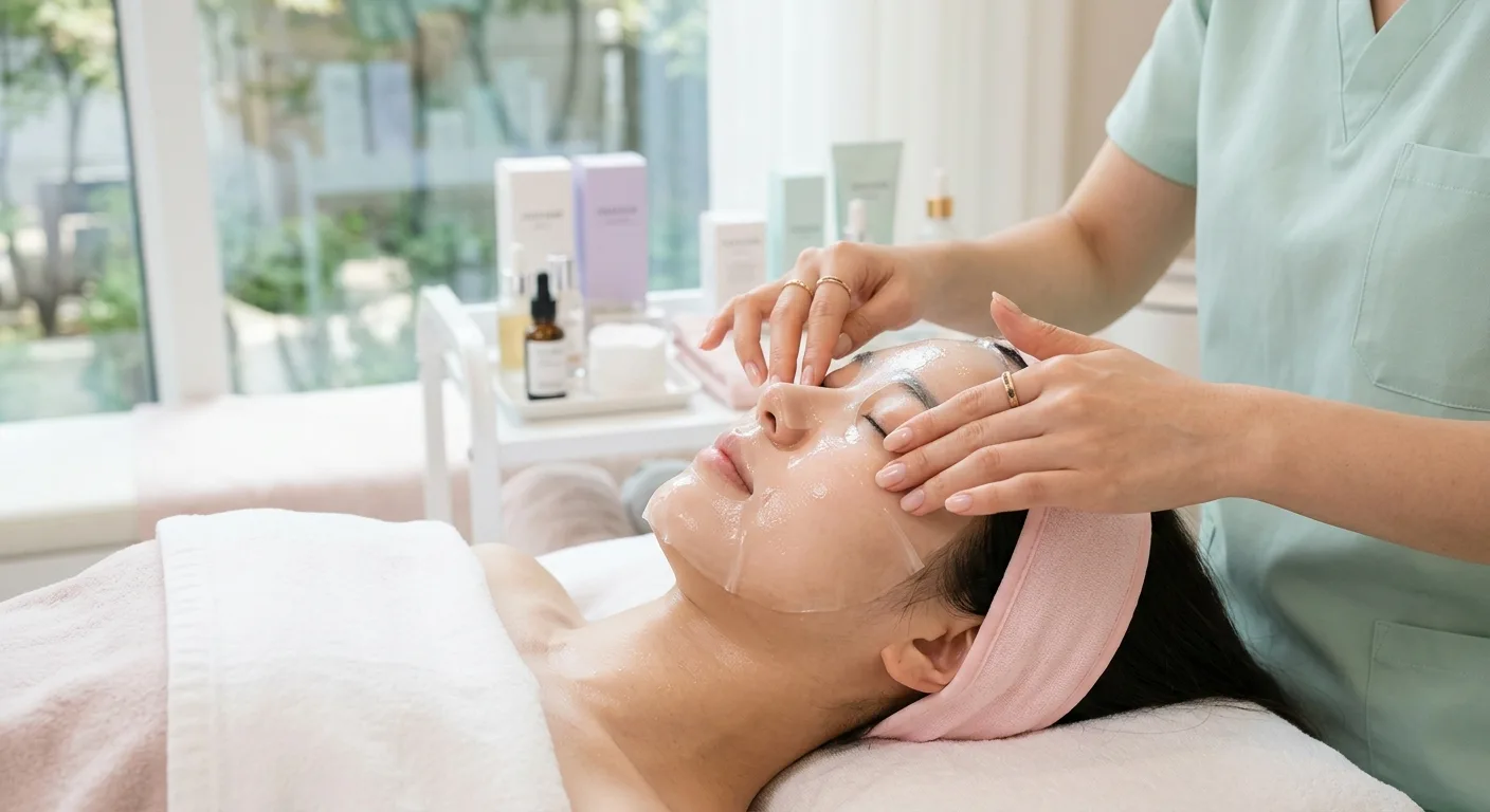 A close-up of a professional medical esthetician's hands applying a translucent hydrogel mask to a client's face, symbol