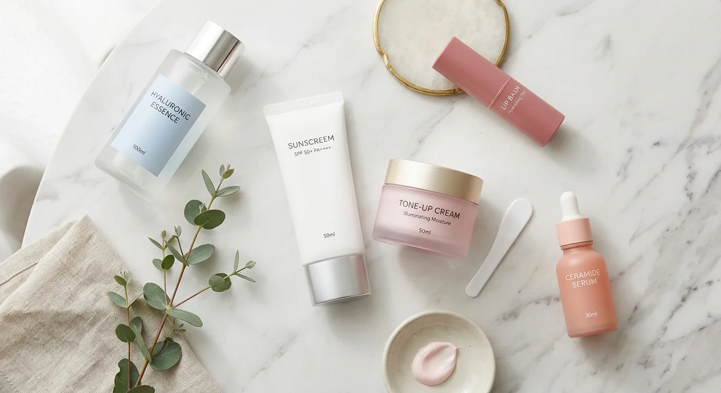 A flat lay of premium Korean skincare products including a pink tone-up cream and a sleek white sunscreen tube on a marb