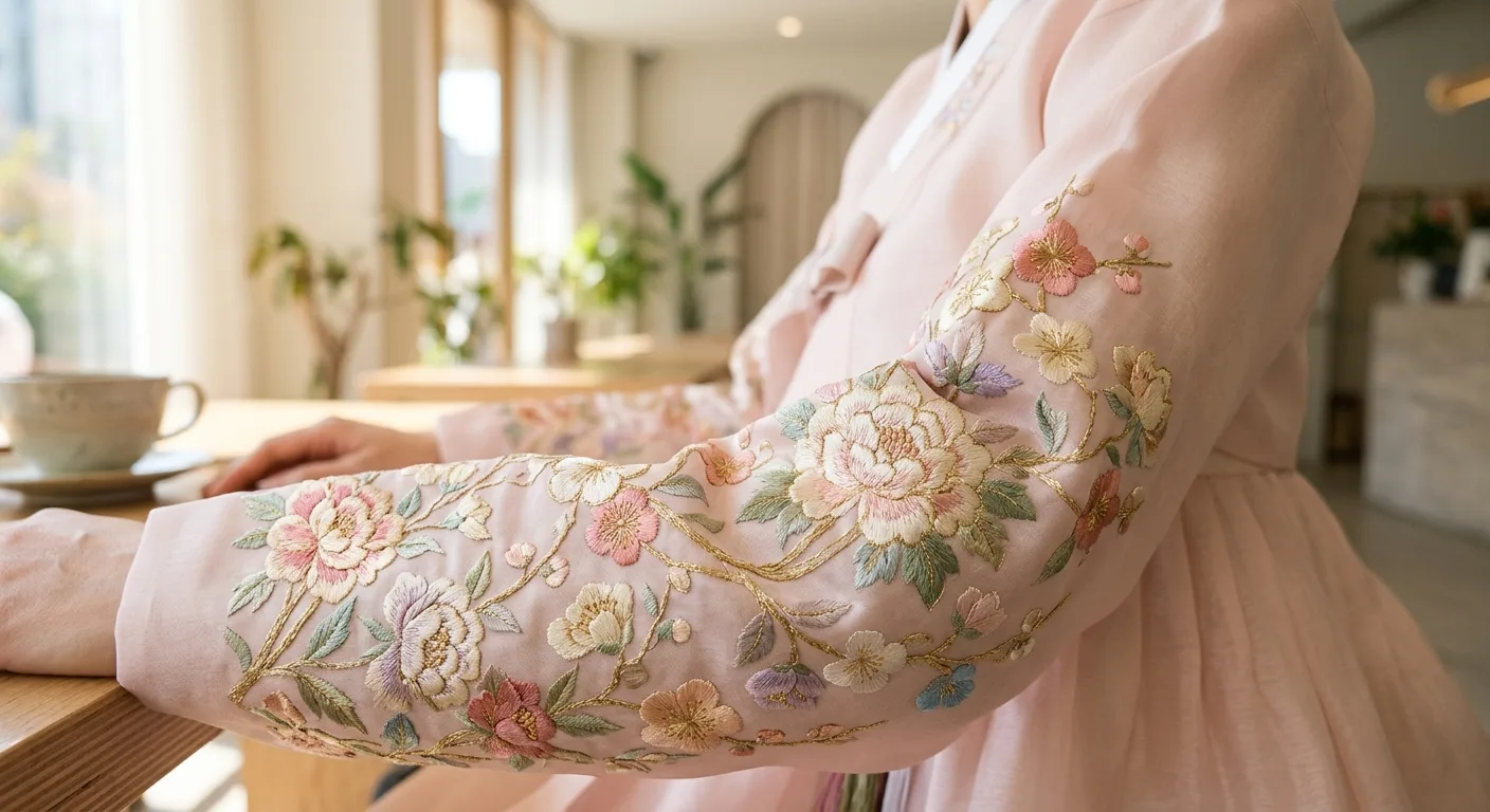 A close-up detail of traditional Korean embroidery on a silk sleeve, showing intricate floral patterns and gold thread.