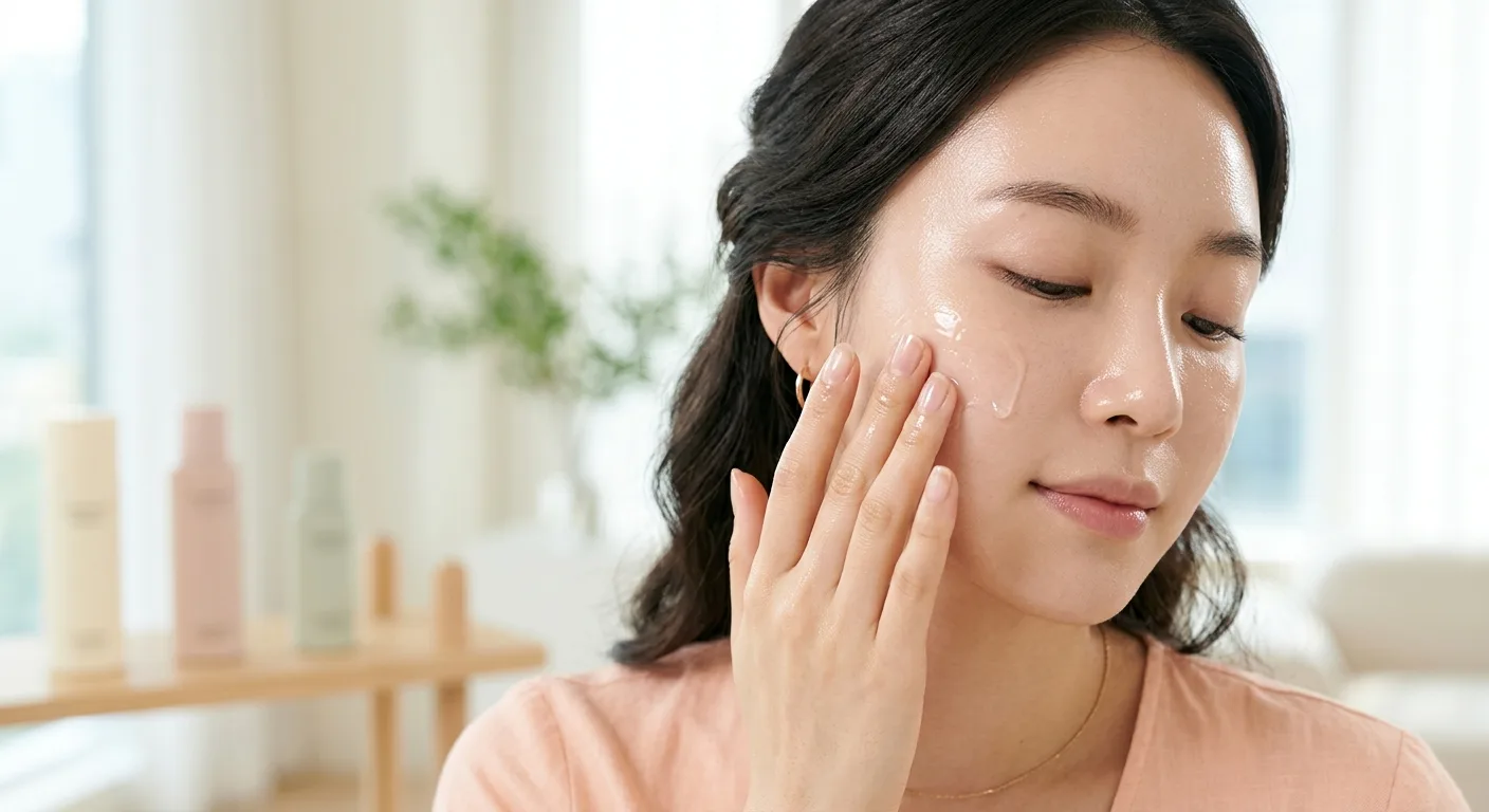 A close-up of a person applying a clear, viscous tonic treatment to their glowing skin with their fingertips, highlighti