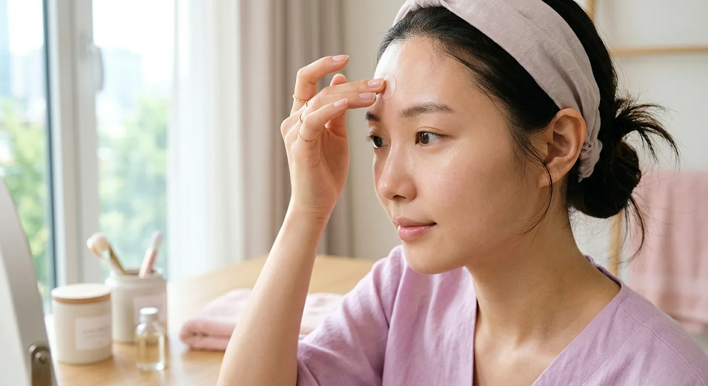 A close-up of a person applying a clear skincare patch to their forehead to demonstrate a targeted grooming routine.