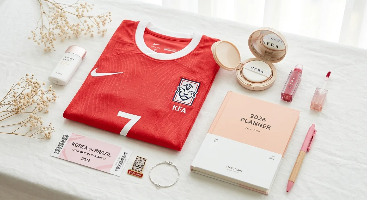A flat-lay of stadium essentials including a national team soccer jersey, a K-beauty cushion compact, long-wear lip tint