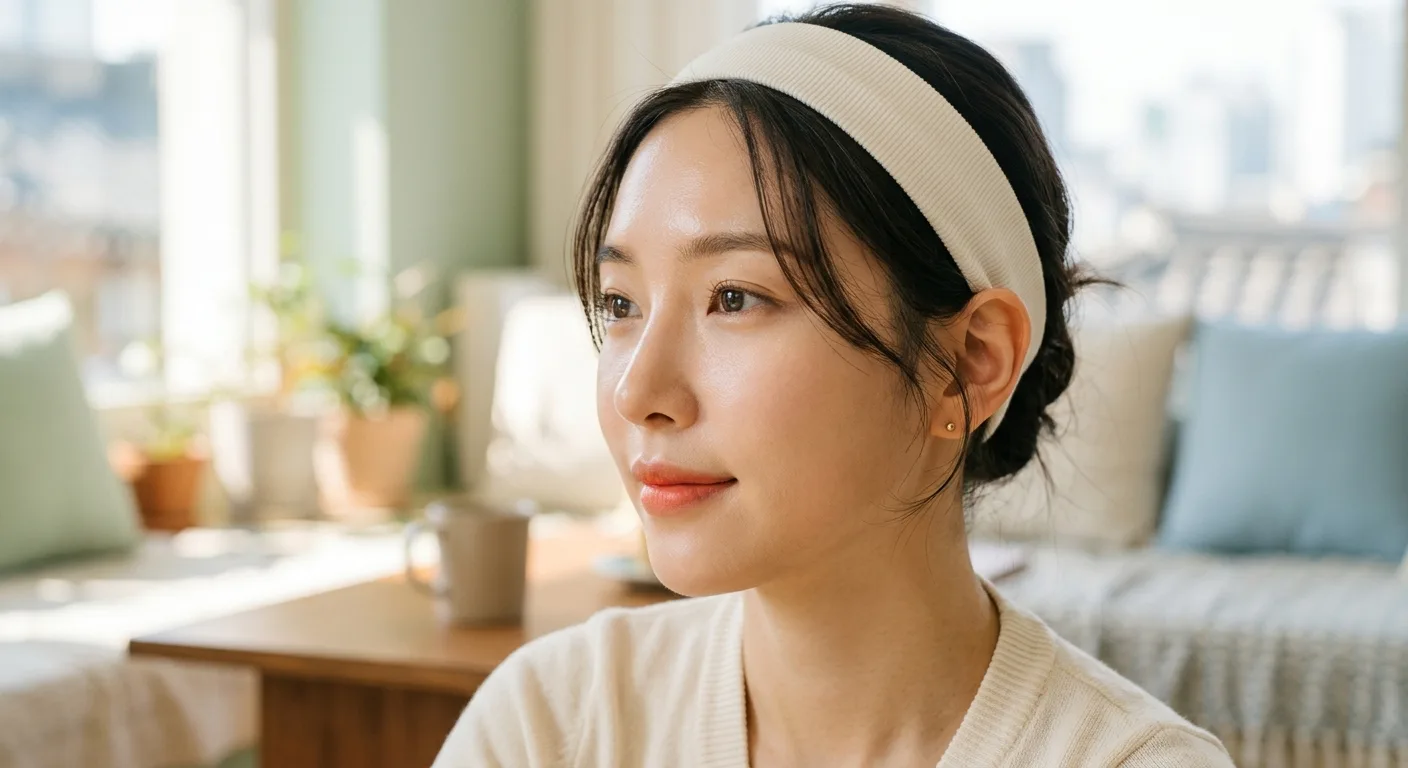 A close-up of a person with a soft-focus 'Cloudglow' complexion, wearing a minimalist athletic headband and a subtle tan