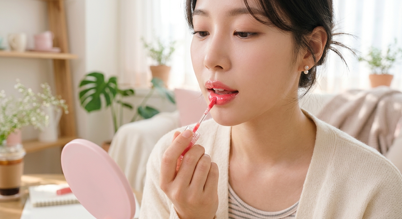 A close-up of a person applying a water-based lip tint, showing a clear, droplet-like shine on the lips with a soft-focu