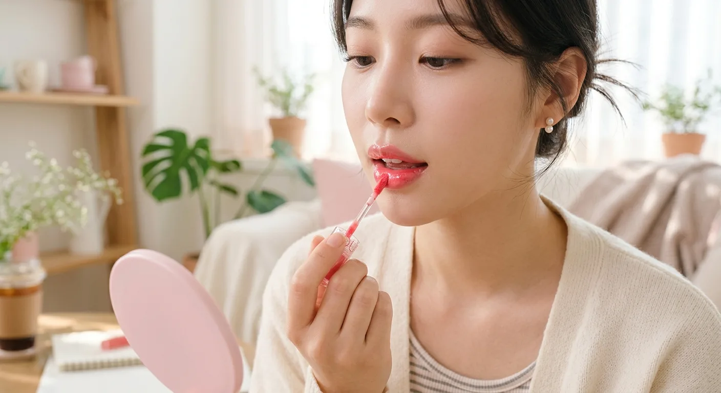 A close-up of a person applying a water-based lip tint, showing a clear, droplet-like shine on the lips with a soft-focu