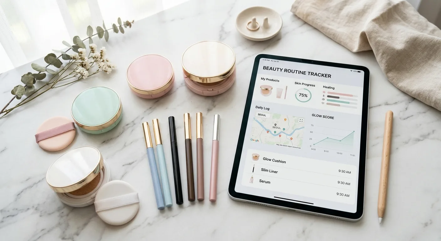 A flat lay of luxury Korean cushion foundations and slim eyeliners on a clean, aesthetic marble surface with a digital t