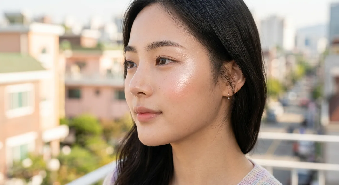 A close-up of a model's face showing the 'Crystal Radiance' glow on her cheekbones under soft, natural sunlight, highlig