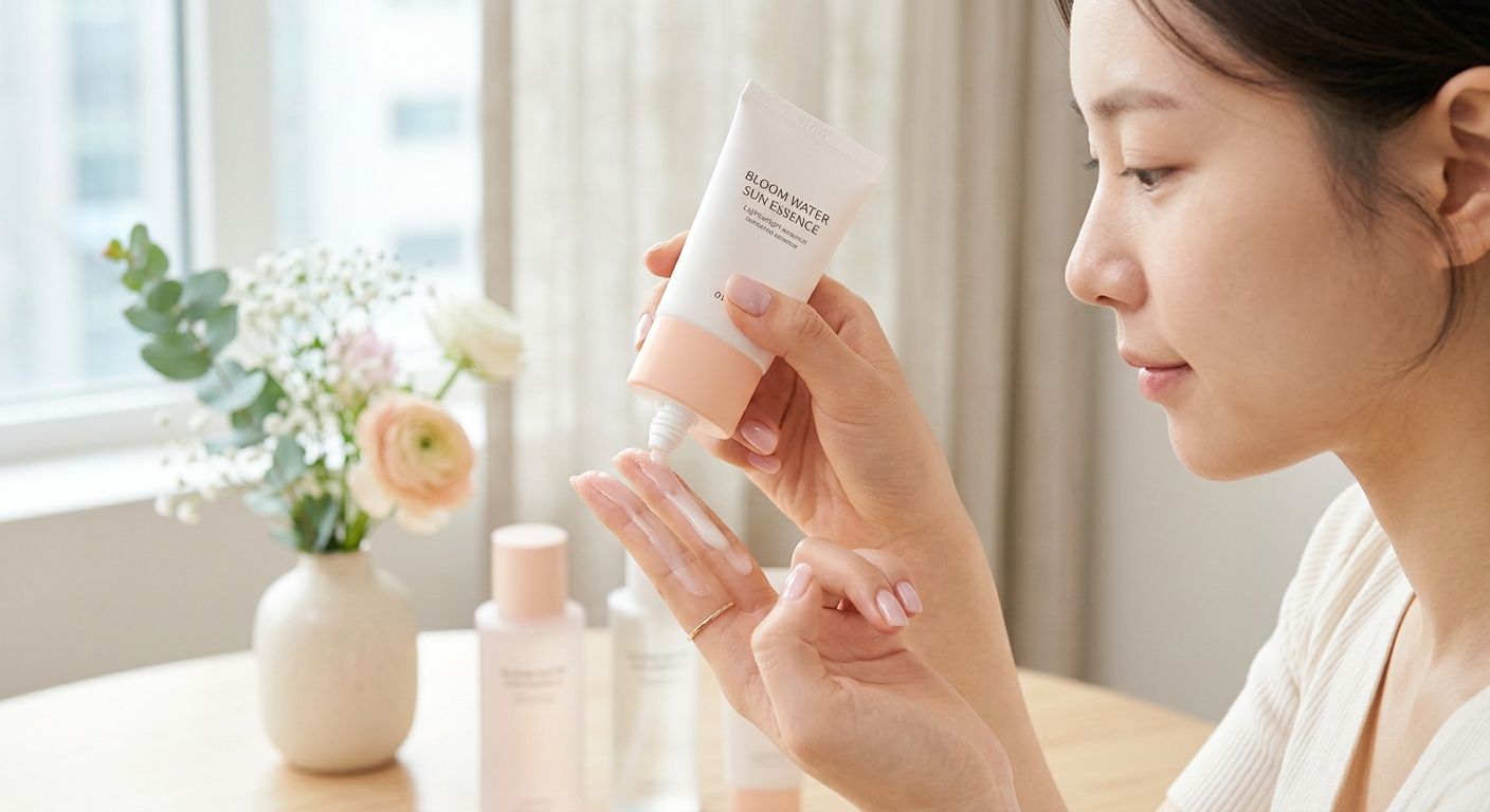 A close-up shot showing the 'two-finger rule' with a lightweight, translucent sunscreen essence being squeezed onto two 
