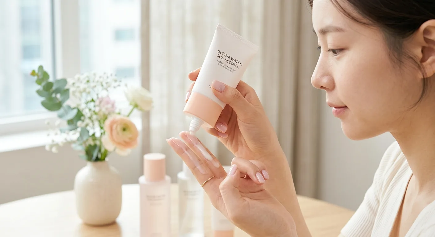 A close-up shot showing the 'two-finger rule' with a lightweight, translucent sunscreen essence being squeezed onto two