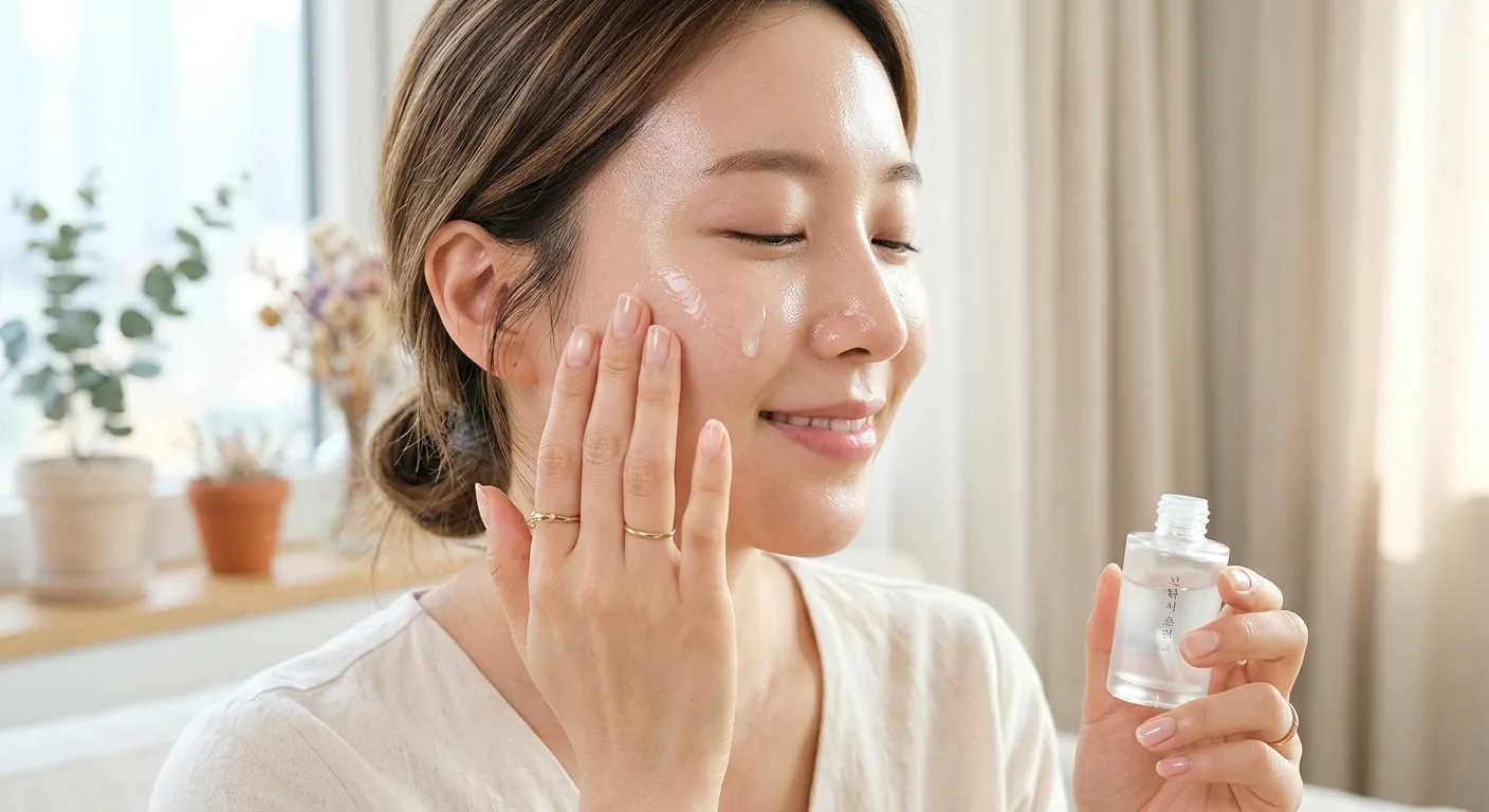 A close-up shot of a lightweight, watery sun serum being applied to a face, showing the transparent and glowing finish u