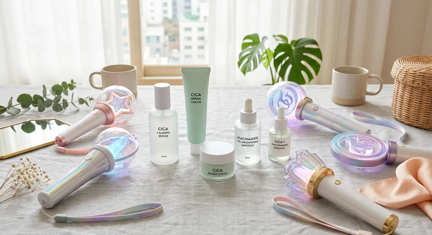 An aesthetic flat-lay of modern K-beauty skincare bottles featuring labels with Cica and Niacinamide, surrounded by irid