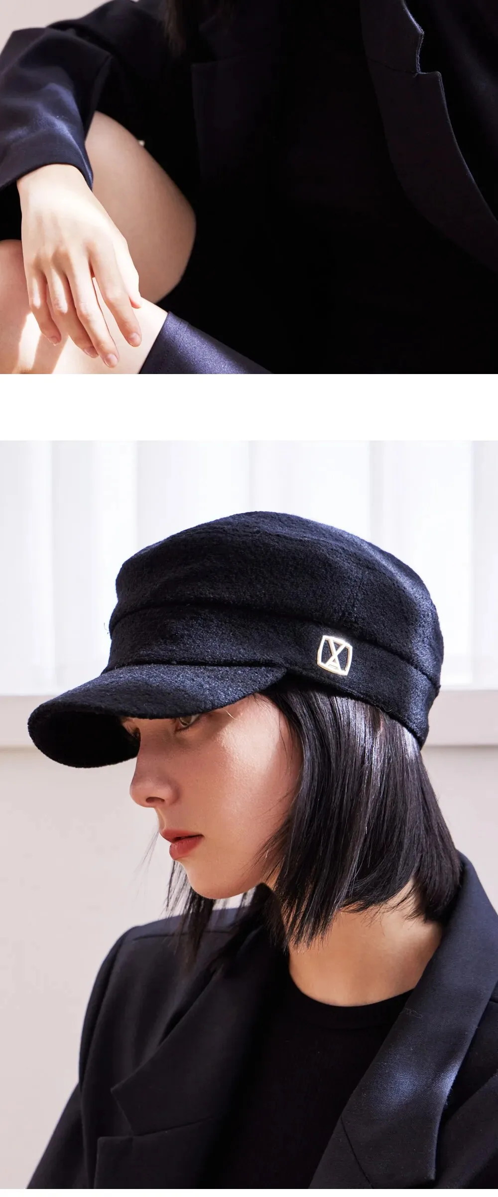 VARZAR VA Square Stud Wool Madoros Cap Black Detail