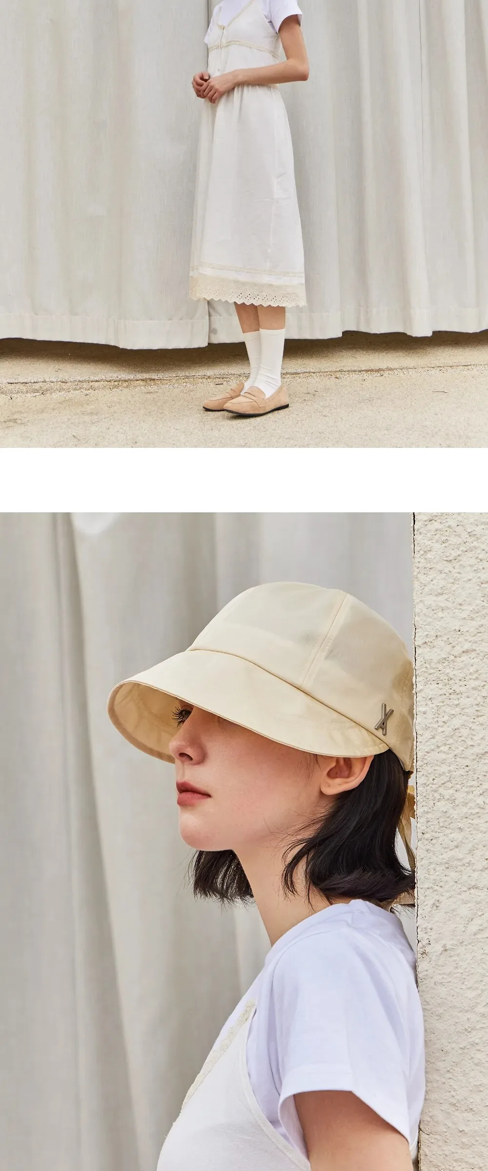 VARZAR VA Stud Ribbon Bonnet Hat Beige Detail