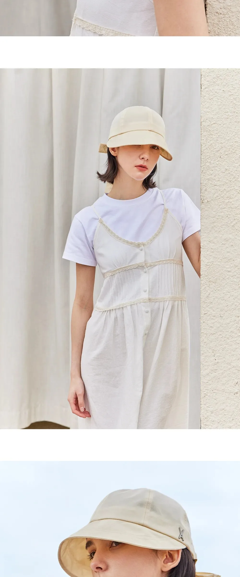 VARZAR VA Stud Ribbon Bonnet Hat Beige Detail