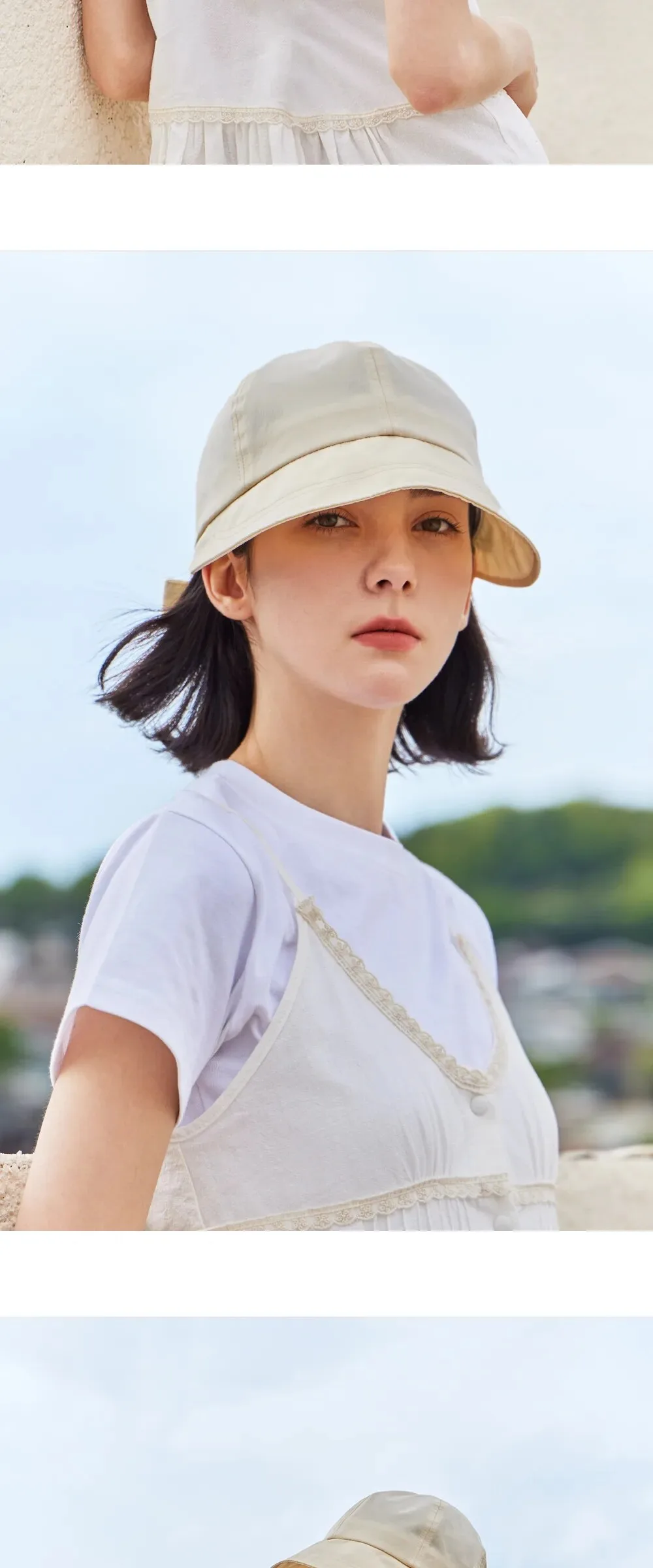 VARZAR VA Stud Ribbon Bonnet Hat Beige Detail