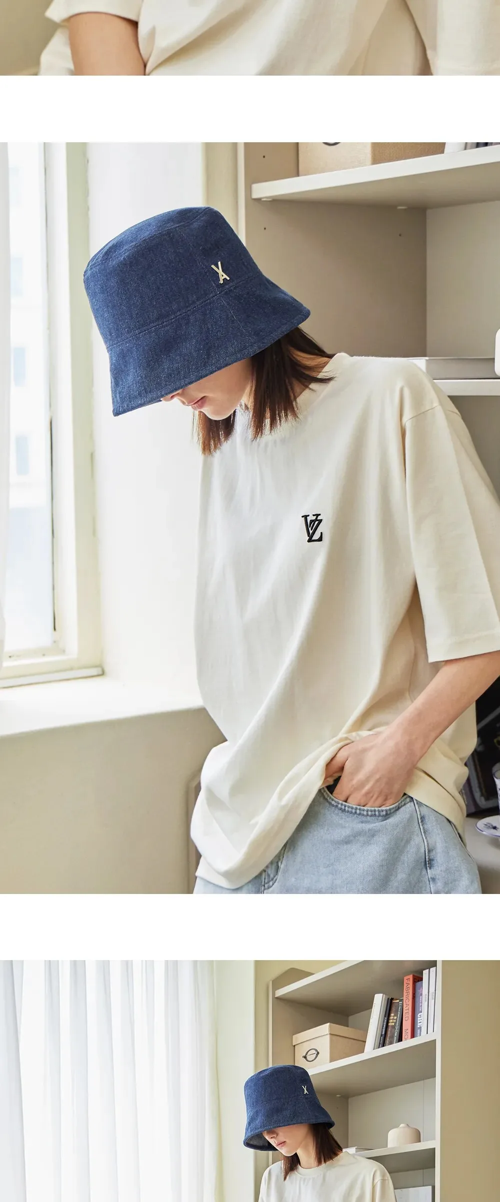 VARZAR VA Stud Non-Washing Denim Drop Bucket Hat Indigo Detail