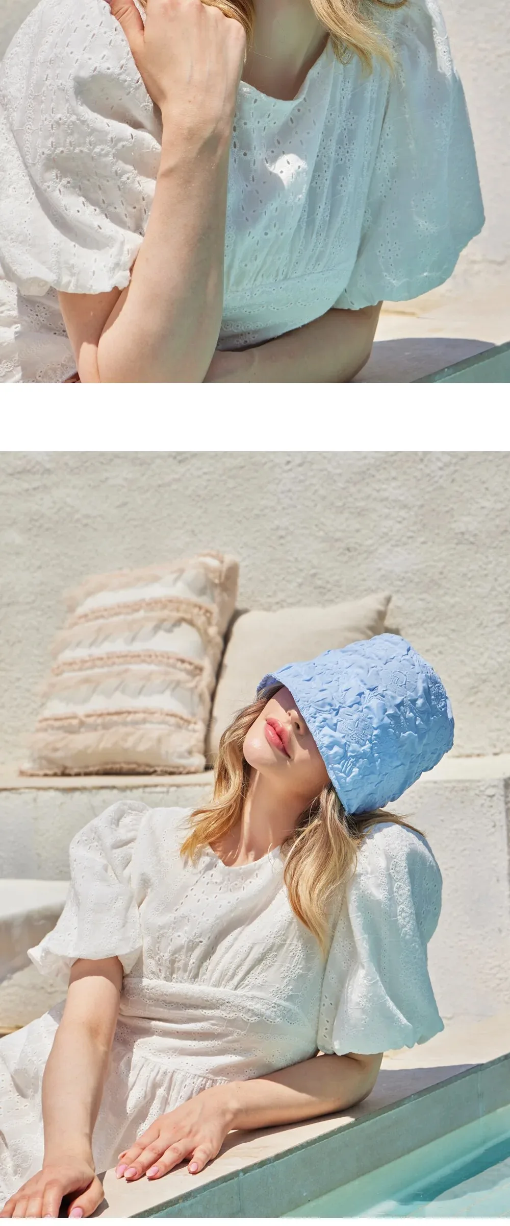 VARZAR Embossed Long Label Drop Bucket Hat Blue Detail