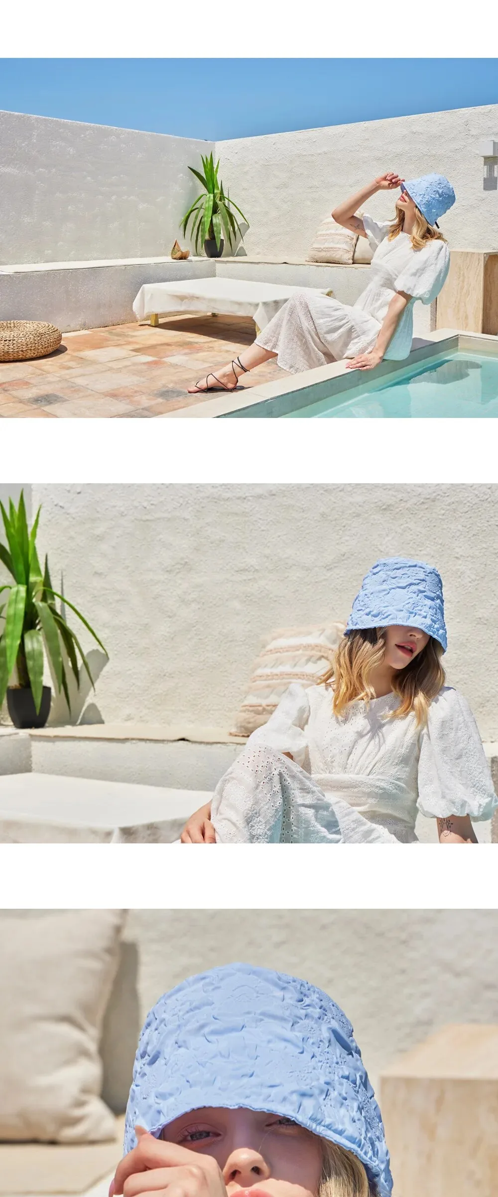VARZAR Embossed Long Label Drop Bucket Hat Blue Detail