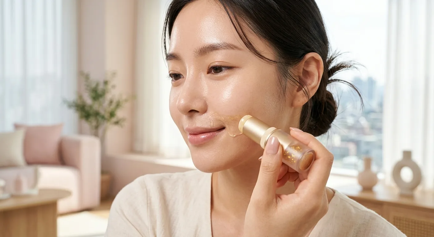 A close-up demonstration of a hand applying the gold capsule serum stick to the nasolabial folds of a woman with glowing