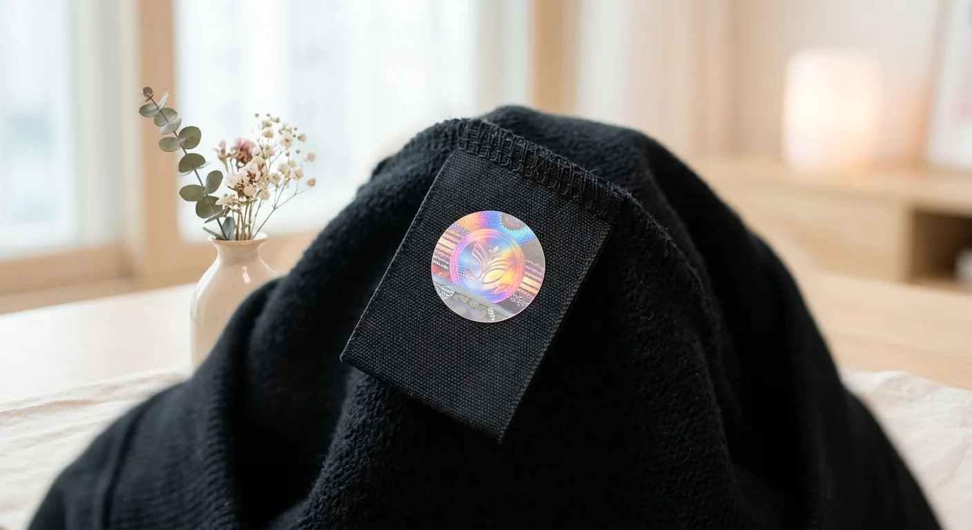 A close-up detail shot of an official hologram authenticity sticker on a black sweatshirt tag, showing multi-colored ref
