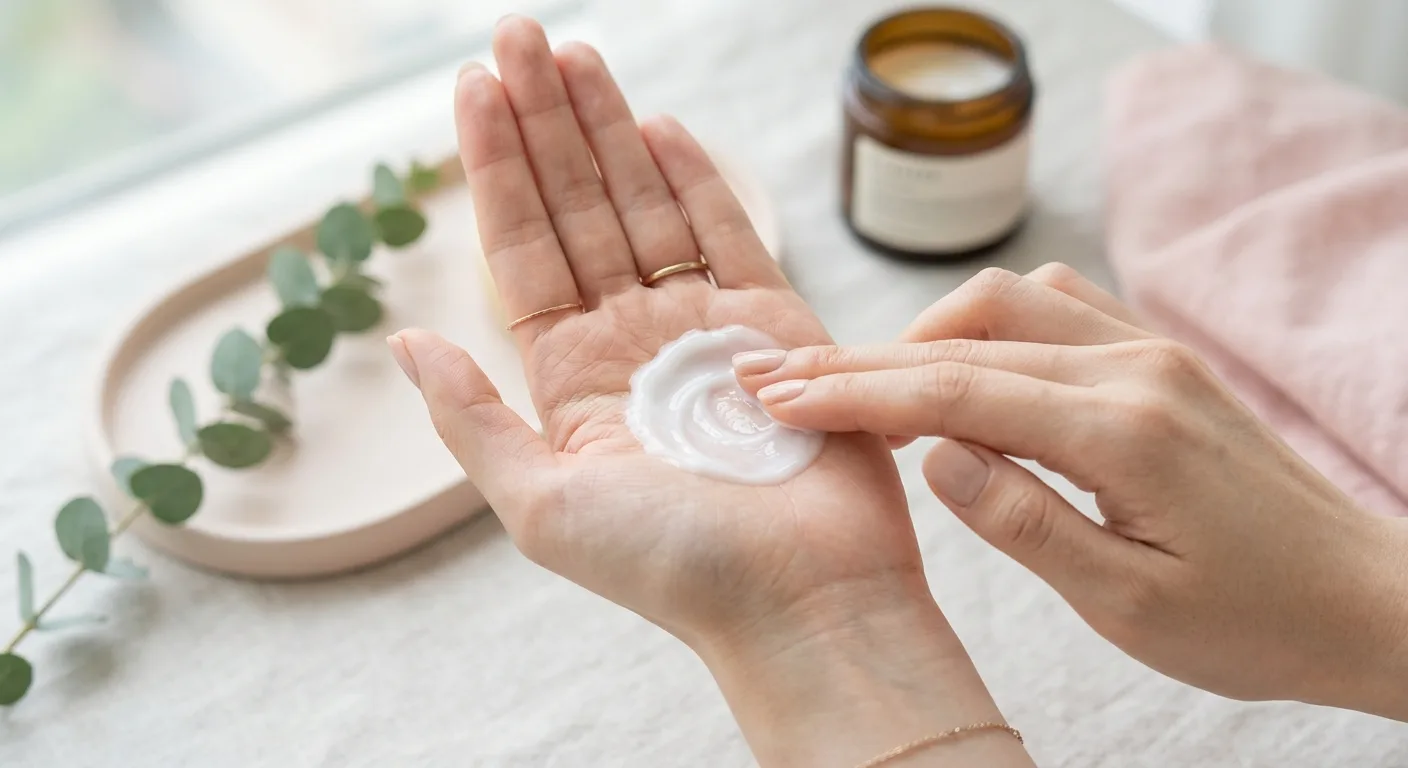 A close-up of a hand emulsifying a small almond-sized amount of white hair cream, showing a smooth and creamy texture.