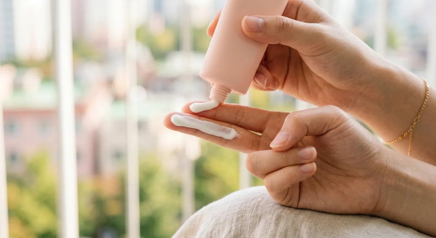 A close-up shot of a 'two-finger' sunscreen application, showing the creamy white texture of a K-beauty SPF being squeez
