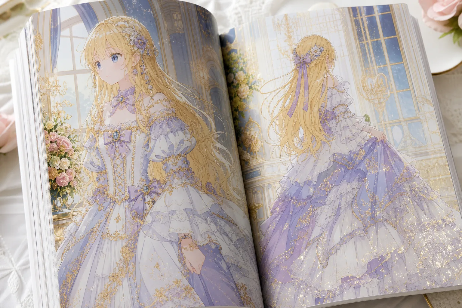 A close-up shot of the open pages of Who Made Me a Princess Volume 3, showing the intricate detail of Athanasia's debuta