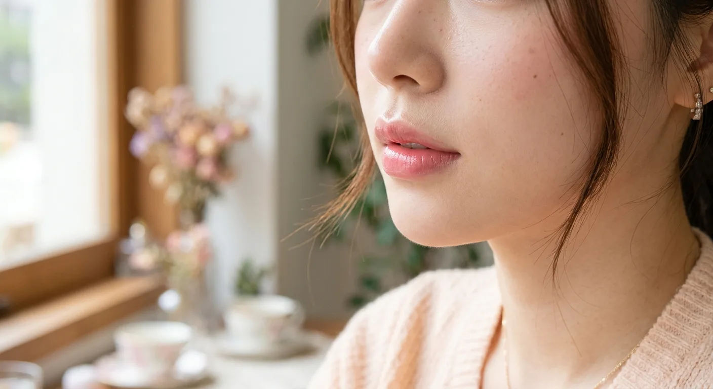 A close-up shot of the Rose tint applied to a pair of lips showing a sheer, healthy glow with a dewy texture and no visi