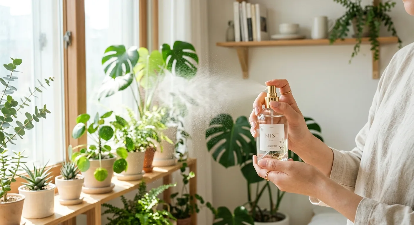 A person's hands holding a glass bottle of mist, spraying a fine translucent cloud into a sunlit, plant-filled room to e