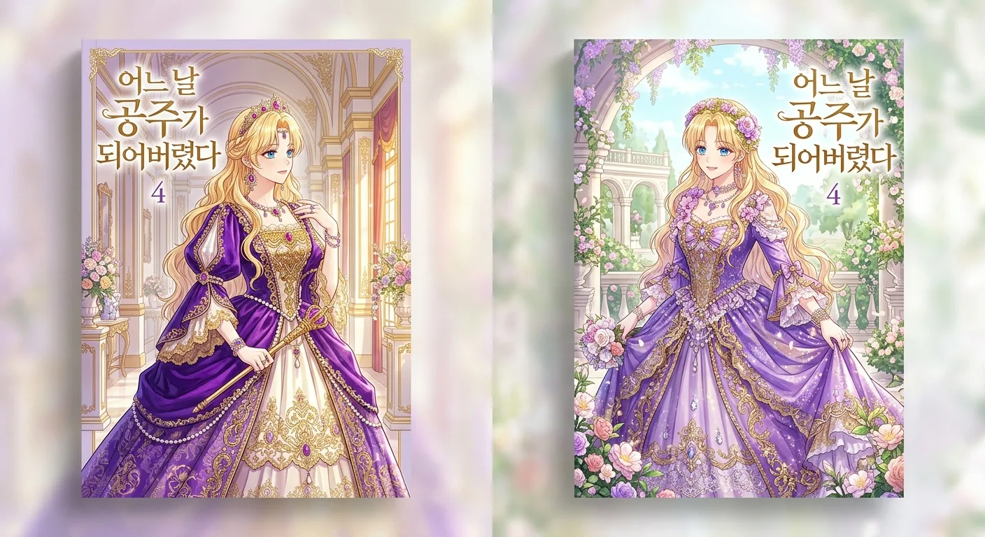 A side-by-side comparison of the vibrant purple and gold cover art of the Korean manhwa Volume 4, showing the detailed i