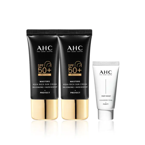 AHC Masters Aqua Rich Sun Cream Duo Set (30ml+30ml) + Cleansing Foam 30ml