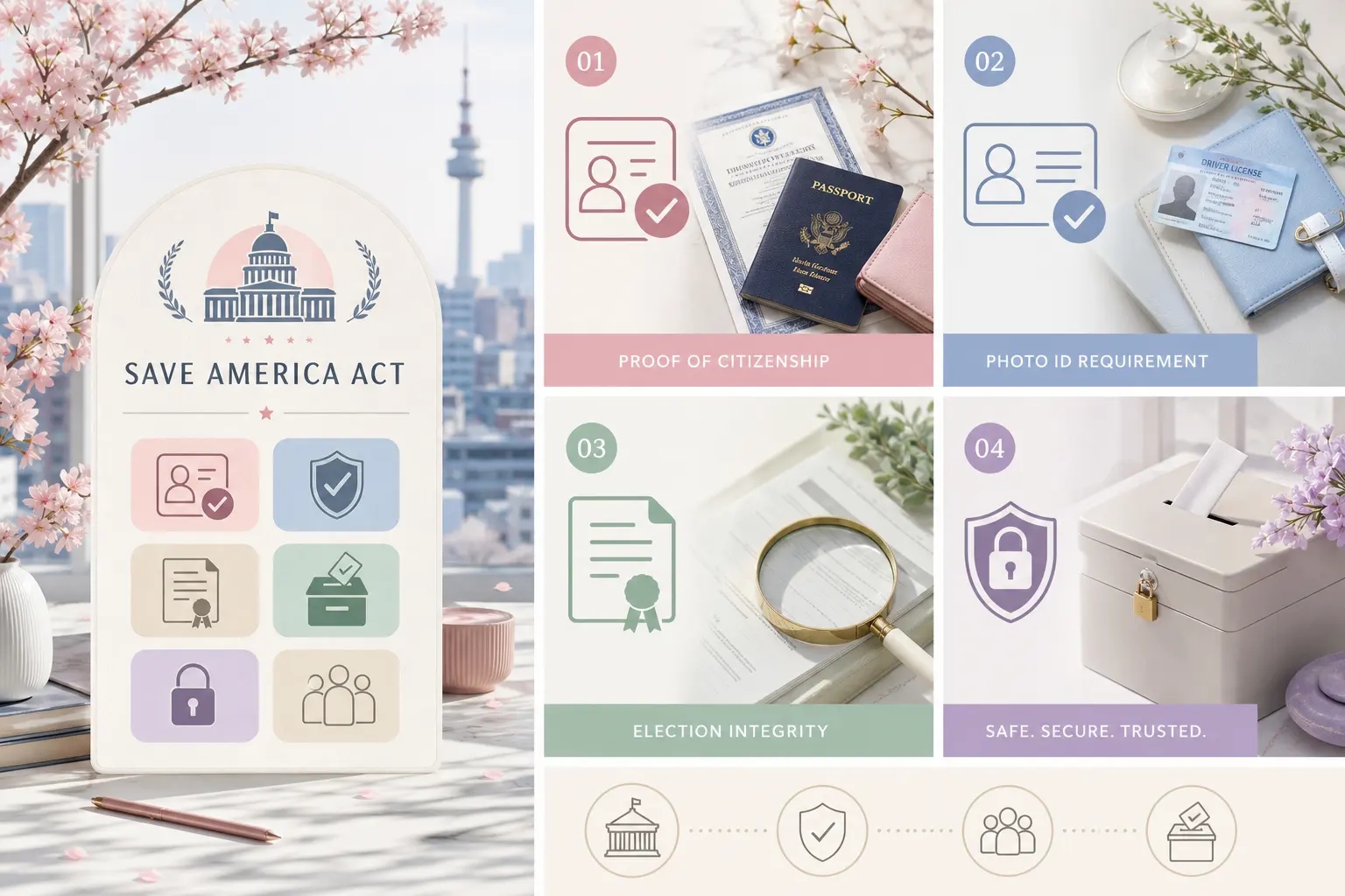 An infographic detailing the requirements of the SAVE America Act, including proof of citizenship and photo ID mandates.