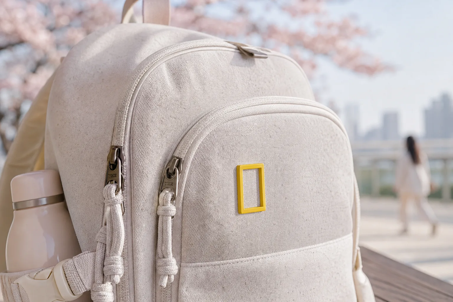 Close-up detail of a National Geographic backpack showing the recycled fabric texture, YKK zippers, and the iconic yello