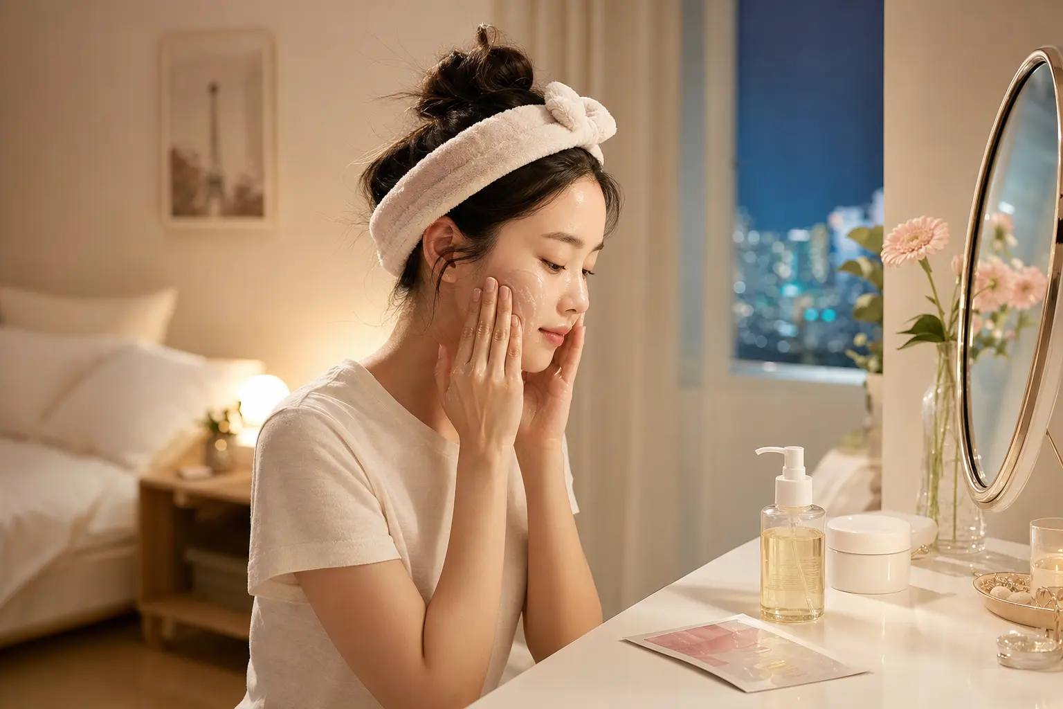 A cozy evening scene in a bedroom with warm ambient lighting, showing a person in a simple tee using an oil cleanser at