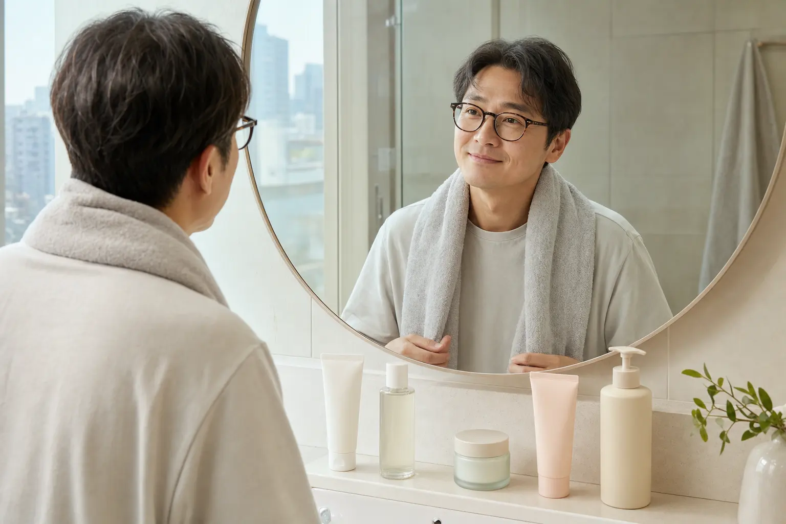 For the low-effort grooming section, show a simple bathroom counter with just five neatly arranged products: a cleanser,