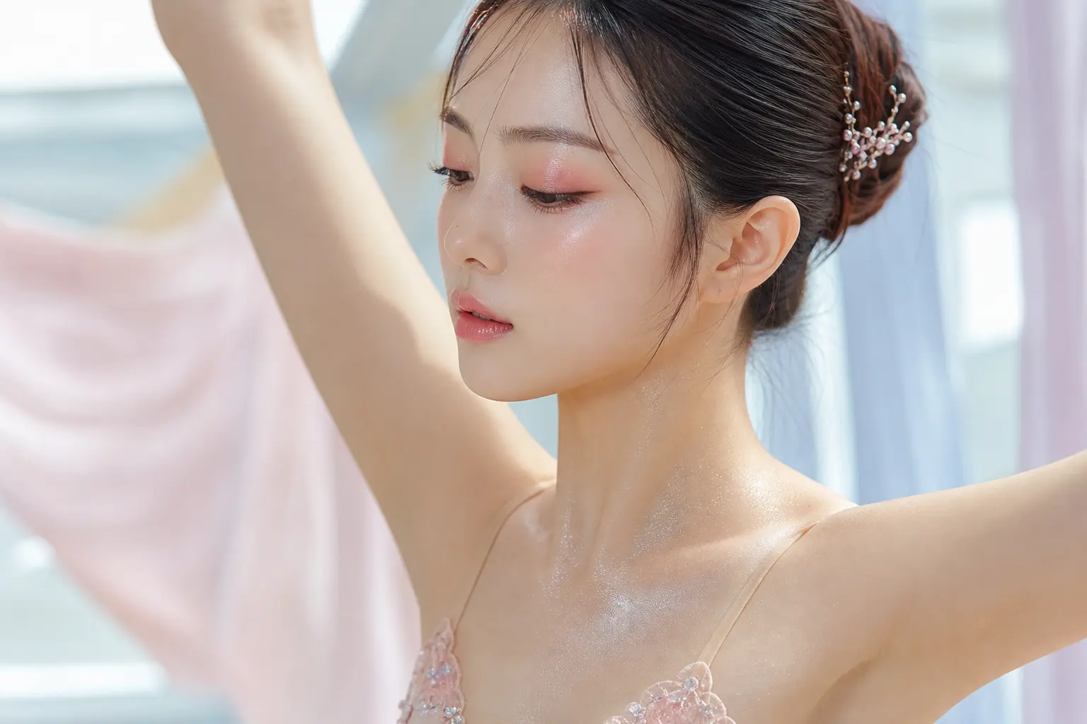 A close-up of a dancer's makeup, highlighting the use of long-wear foundation and shimmering body highlighter against a