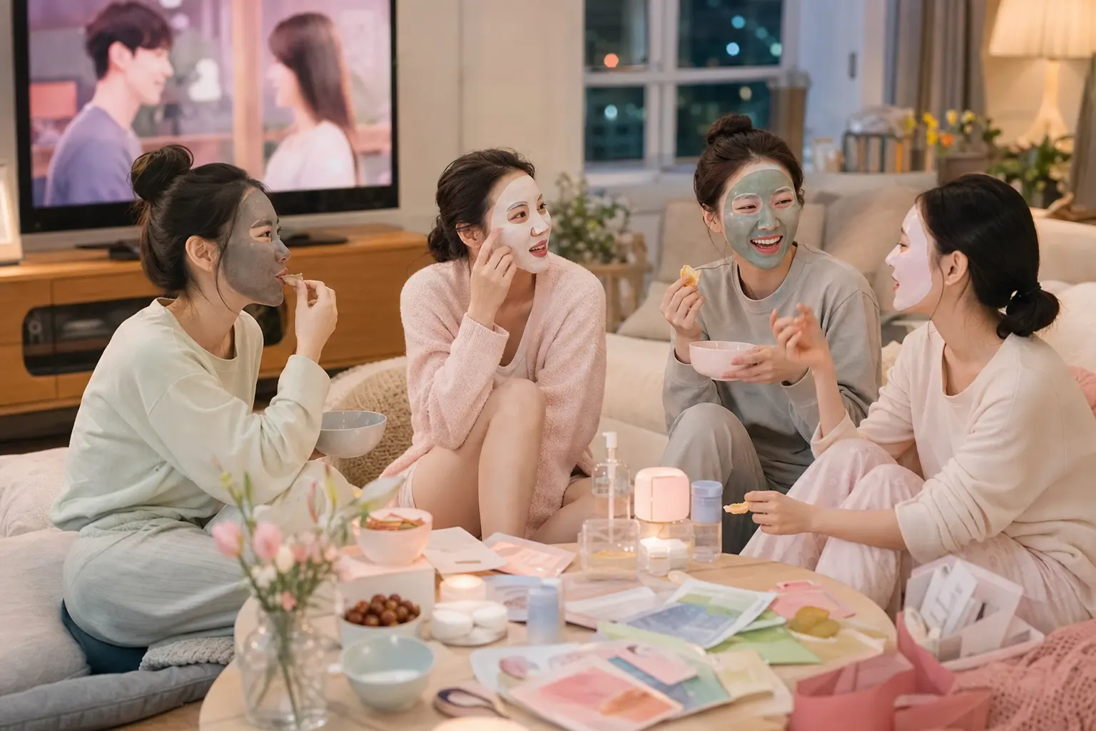 For the watch-night section, portray a dimly lit living room with friends lounging on floor cushions and a sofa, each ho
