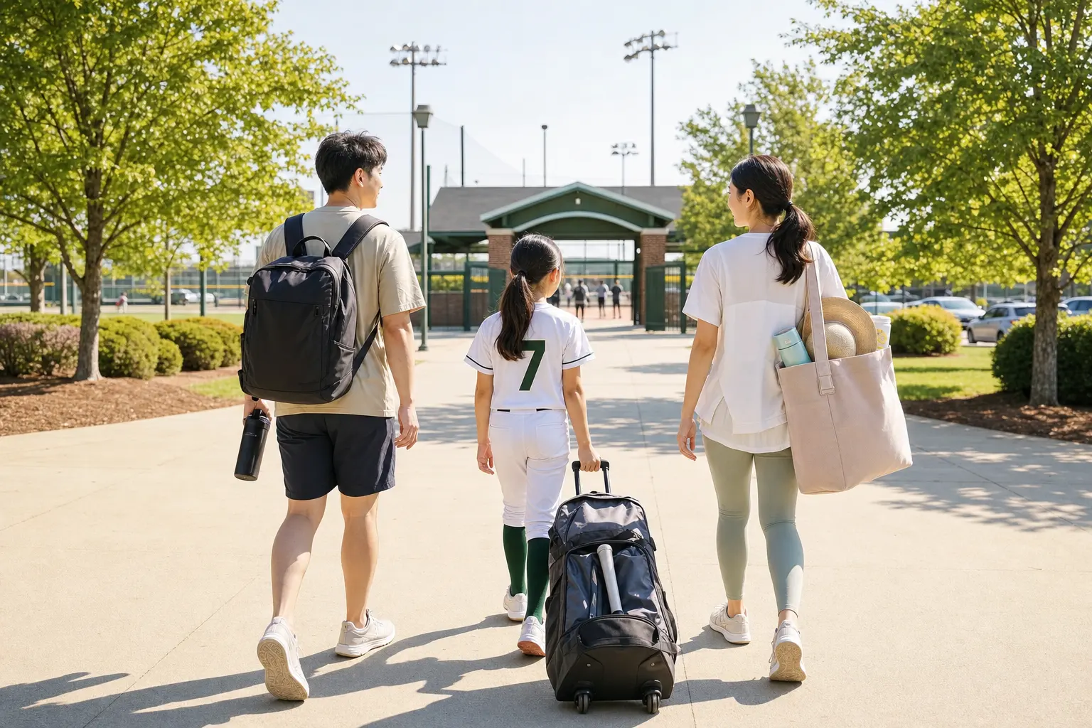 For the Greenville game-week section: A wide shot of a family walking toward a small softball stadium entrance lined wit