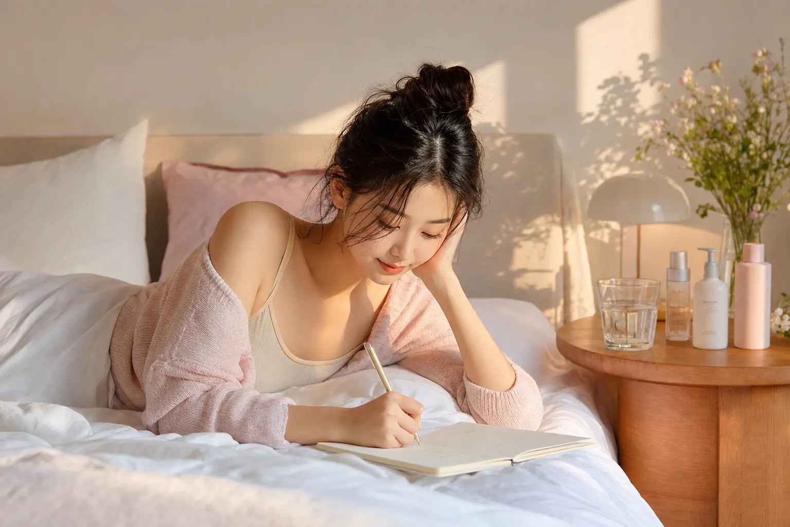A lifestyle scene of someone lounging on a bed with a journal, glass of water, and a few skincare bottles on a bedside t