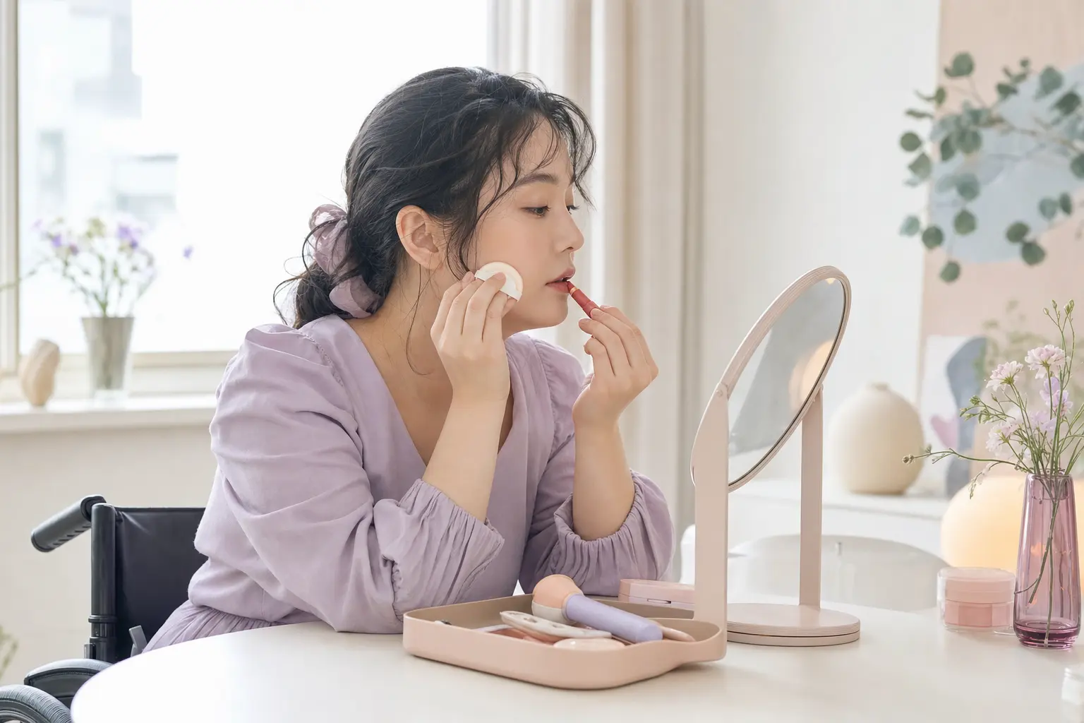 For the adaptive makeup section, show a seated person at a small vanity using a cushion foundation puff and a chubby lip